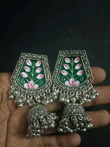 Meenakari Silver Oxidised Jhumka Earrings