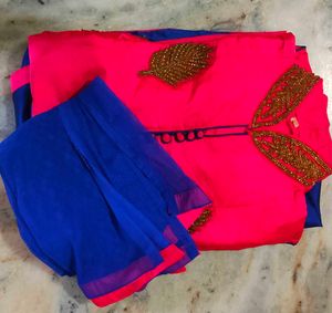 New Pink Embroidered  Kurta With Skirt