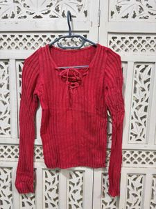 🎀Red Lace-Up Long Sleeve Top C