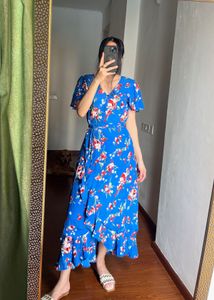 Floral V-Neck Ruffle Midi Wrap Dress