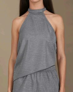 Halter Neck Textured Top with Wide Leg Pants