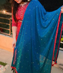 Dark Pink &amp; Gold Print Anarkali Dress