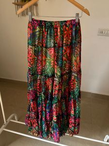 Leafy Print Tiered Chiffon Long Skirt
