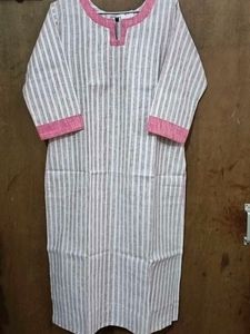 Striped White cotton long straight kurta