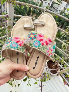 Embroidered Floral Flat Sandals - Size UK4