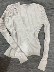 Ribbed Beige Button-Down Top