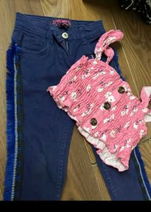 Cute Pink Floral Top &amp; Fringed Jeans Set