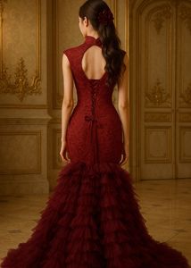 Elegant Red mermaid Ruffled Gown