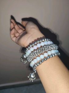 Silver &amp; Pearl Bangles Combo Of 3