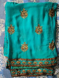 Teal &amp; Gold Embellished Saree