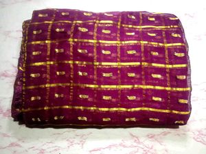 Purple & Gold Checkered Fabric saree