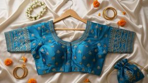 Aqual Blue Embroidered Readymade Blouse