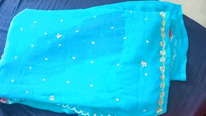 Embroidery Pink &amp; Sea Green Chiffon Saree
