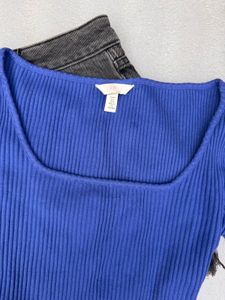 Blue Ribbed Long Sleeve Top