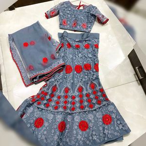 Grey And Red Stitched Blouse And Lehenga Choli Set With Dupatta