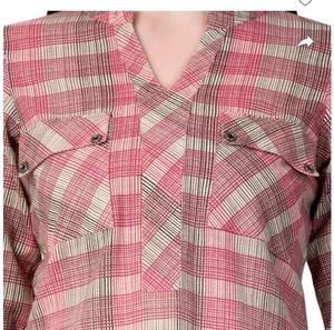 Mandarin collar Pink Checked Women Shirt