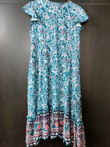Teal Floral Midi Dress With Very Short Sleeves