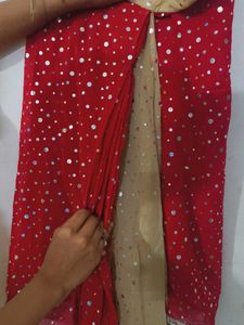Red And Cream Baby Sari With Tikli Work