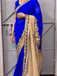 Beautiful Royal Blue Saree with Gold Lace