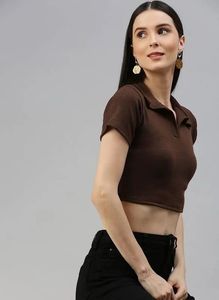 Brown Shirt Style Crop Top - S