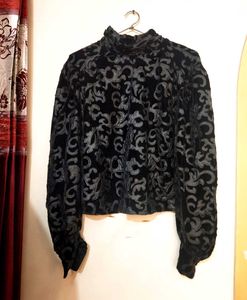 ZARA Black Faux Leather Velvet Top