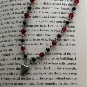 Red &amp; Black Beaded Heart Charm Necklace
