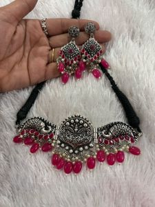 Beautiful Oxidised Pink Pearl Choker With Earrings