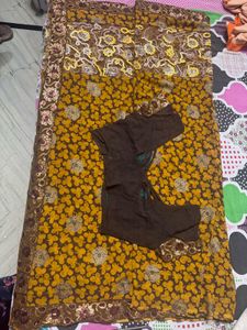Beautiful Brown & Mustard Saree with Embroidery