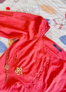 Coral Peplum Puffed Sleeves Crop Top