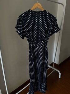 V-neck Blue Dot Wrap Cotton MIDI Dress