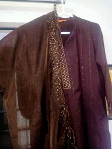 INDO ERA Brown Mirror Design Kurti Set