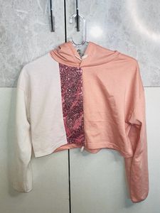 White And Pink With Glitter Work Crop Hoodie