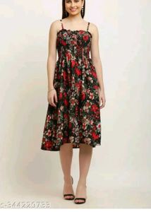 Flower Printed Midi Dress With Side Cut