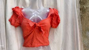 182812. Coral Tie-Front Crop Top