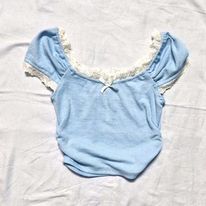 Cute Blue Lace Trim Crop Top