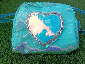 Shiny Aqua Sequin Shoulder Bag with Heart Design –