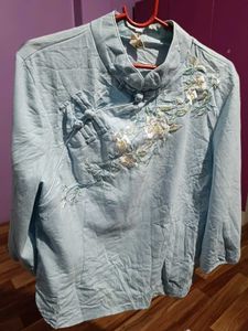Embroidered Mandarin Collar Top