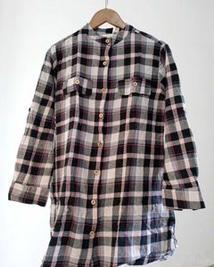 Plaid Tunic with Roll Tab Sleeves