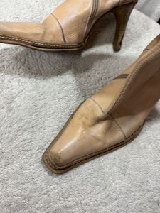 beige Leather Heel Boots