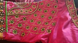 Green &amp; Gold Kanjivaram Silk Saree Work Blouse