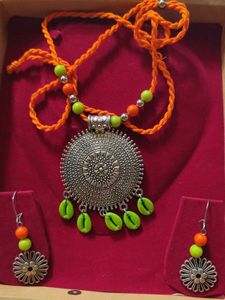 Orange Green Oxidised Necklace Set