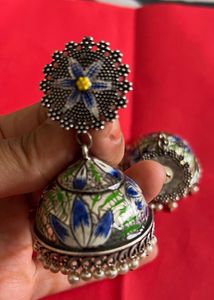 Hand Painted Blue Meenakari Big Jhumka