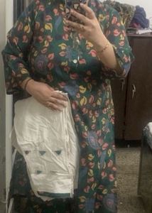 Green Printed Kurta With Off White Pants