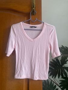 Pink Ribbed V-Neck Top