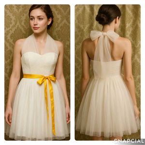 Ivory Halter Dress with Yellow Ribbon & Bow