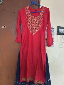 Red &amp; Blue Embroidered Kurti with Skirt