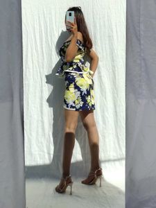 Blue Off Shoulder Floral Bodycon