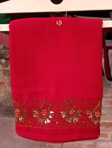Red Georgette Saree With Hand Done Embroidery