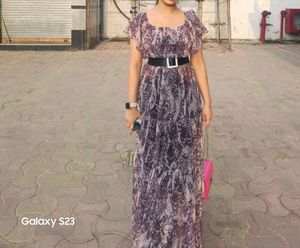 Grey Black Shiny maxi Dress With Belt