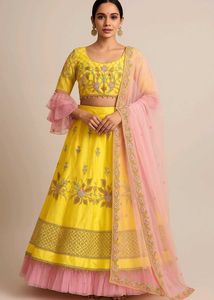 Stunning Yellow & Pink Ruffle Lengha Set